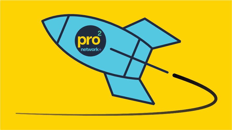 prosquared launch event graphic, depicting a blue rocket ship with the prosquared logo on a yellow background
