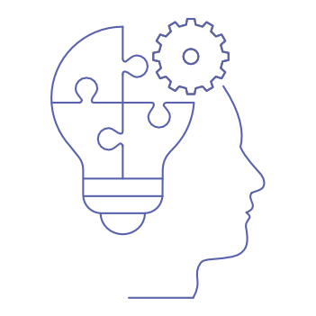 Producer Icon showing a light bulb laid over a person's head, with a gear overlaying the person's forehead.