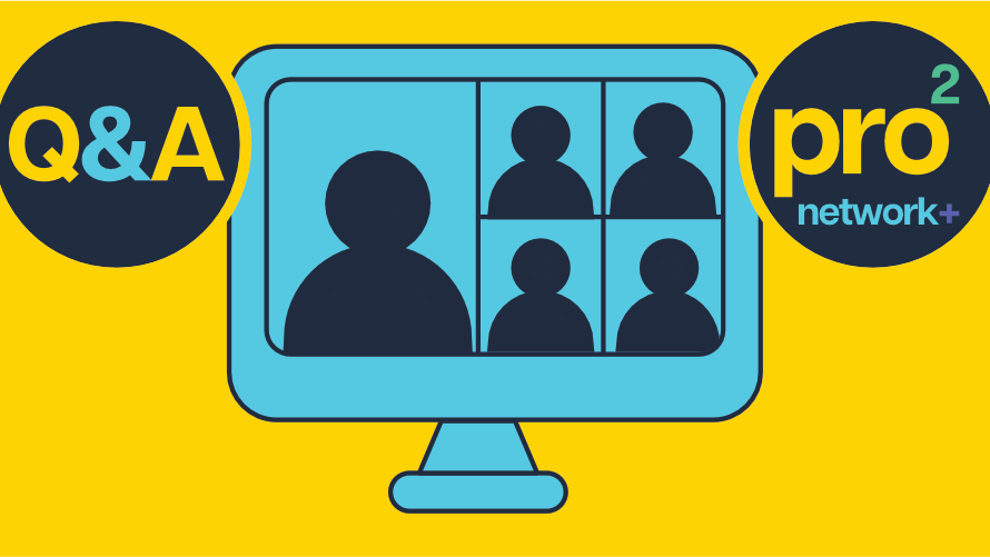 webinar prosquared webinar graphic, depicting a blue computer screen with people in a video call against a yellow background. There's the term Q and A on the left and the prosquared logo on the right.
