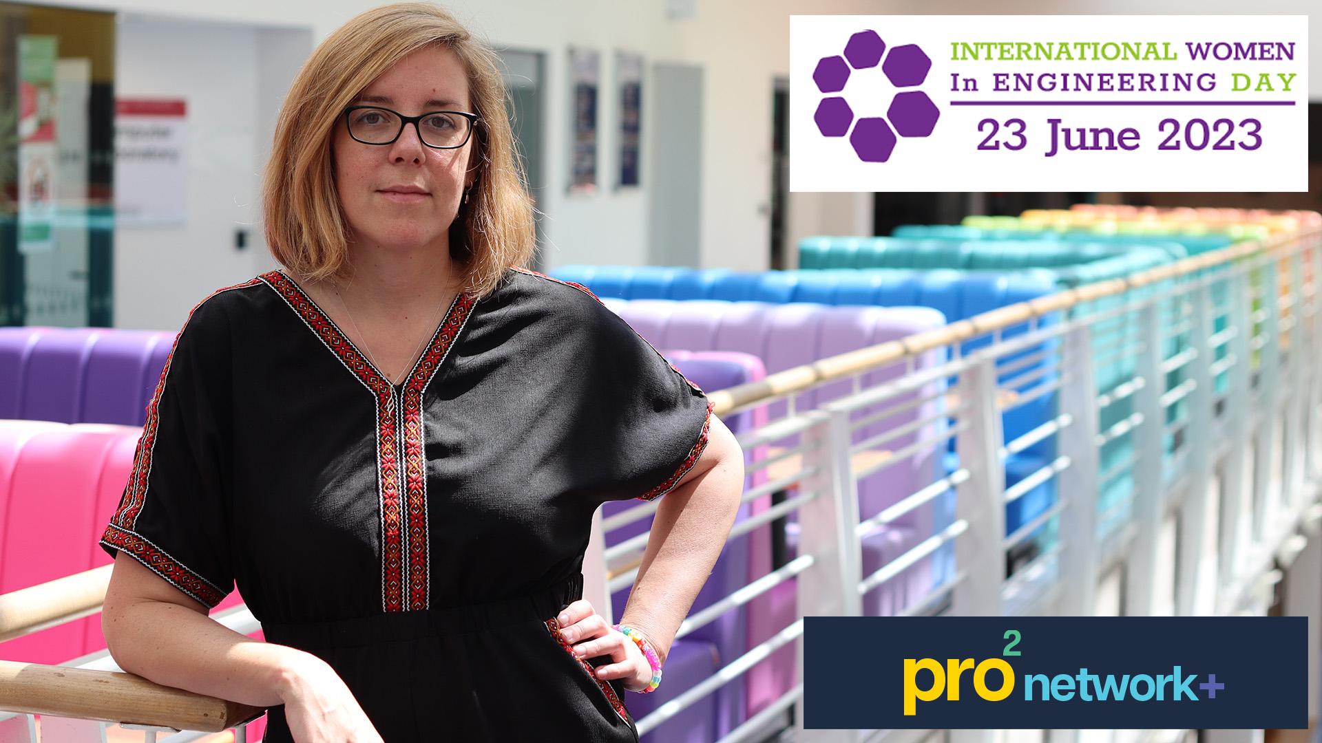 anne_iwied Photo of Anne Roudaut leaning against wooden railing, with a row of colorful booths in the background. The International Women In Engineering Day appears in the top right and the prosquared network+ logo in the bottom right.