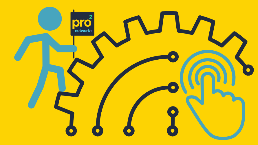 ChallengesEvent A blue stick figure person climbs up a gear while holding a flag bearing the pro2 logo against a yellow background. In the bottom right is a blue illustration of a hand with curved lines radiating out from one finger like a WiFi signal.