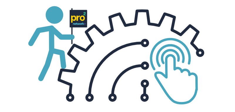 A blue stick figure person climbs up a gear while carrying a flag with the pro2 logo. Under the gear are curved lines and a finger touching a WiFi symbol against a white background.