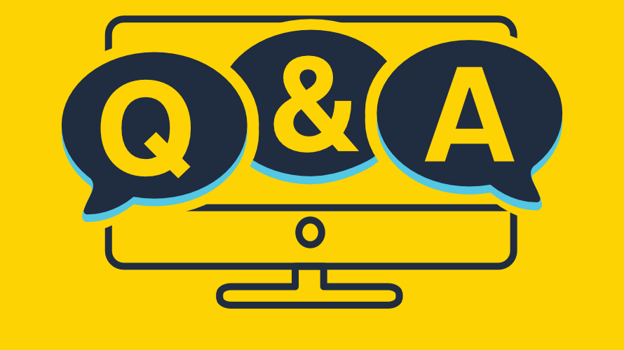The text 'Q&A' appears in speech bubbles in front of an illustration of a computer monitor in navy against a yellow background.
