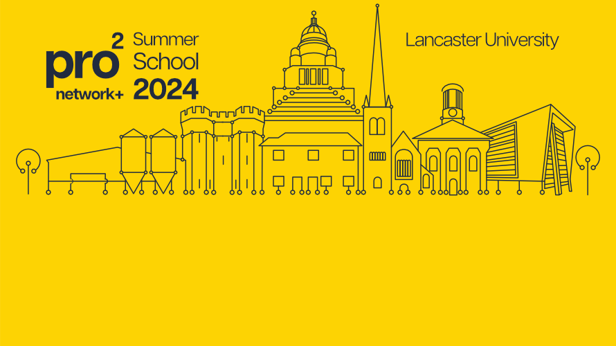 A line drawing illustration of the Lancaster skyline in blue against a yellow background.