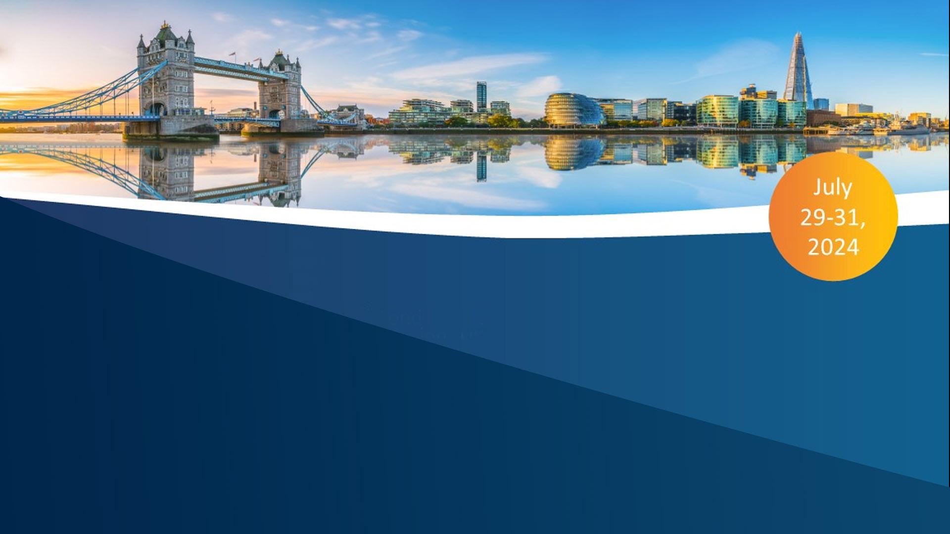 A phot of the London skyline on a sunny day, with a white stripe and blue background below, and an orange circle to the right with the text 'July 29-31, 2024'.