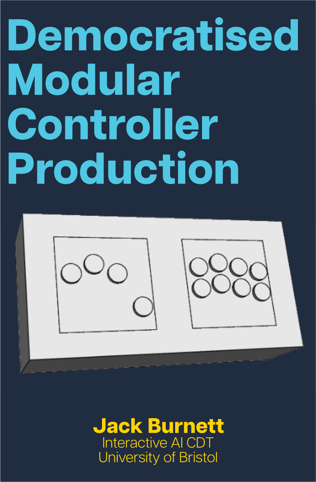 Text in blue reads 'Democratised Modular Controller Production', with a device prototype photo below and text in yellow reading 'Jack Burnett, Interactive AI CDT, University of Bristol' at the bottom.