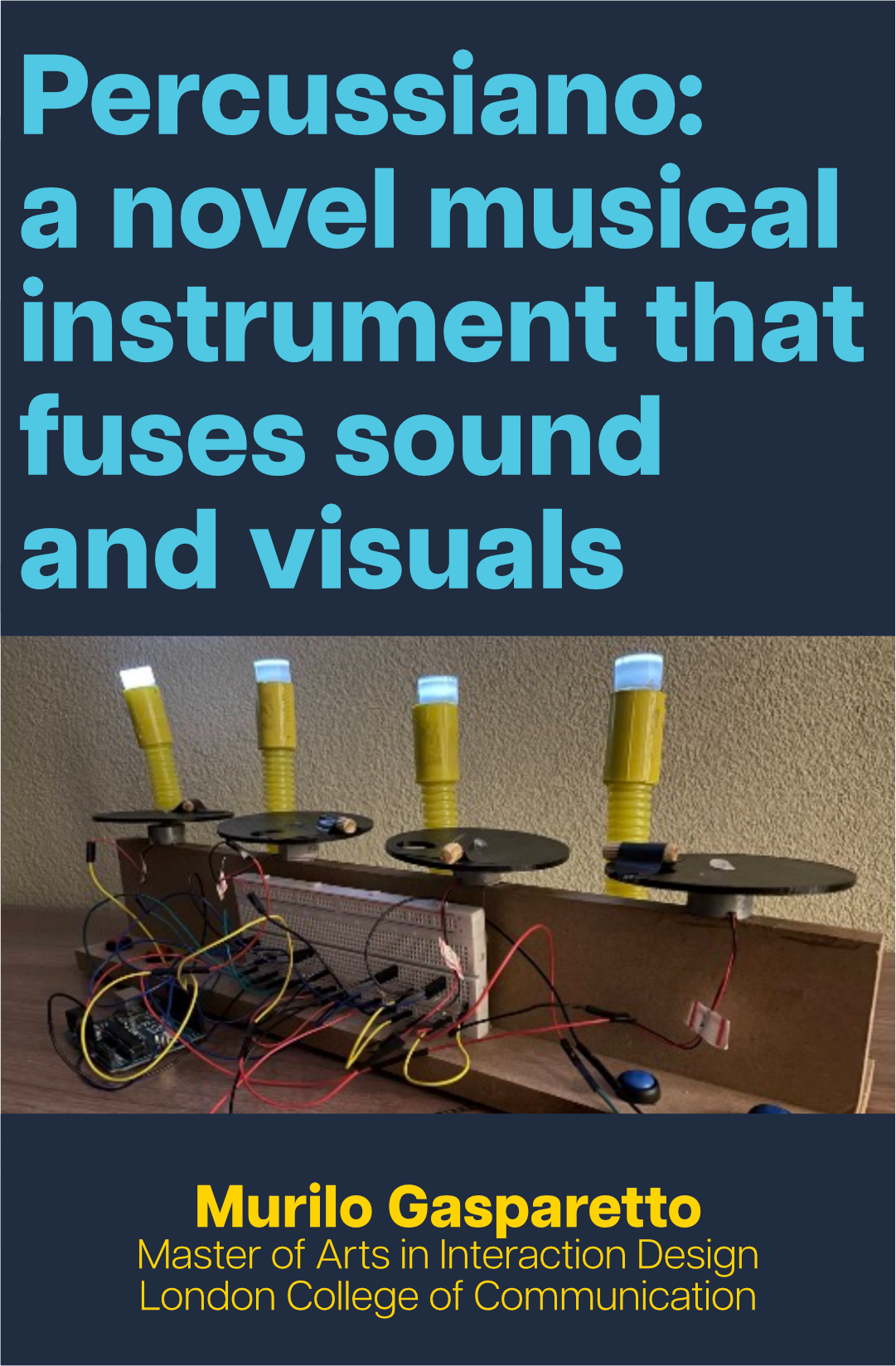Text in blue reads 'Percussiano: a novel musical instrument that fuses sound and visuals', with a device prototype photo below and text in yellow reading 'Murilo Gasparetto, Master of Arts in Interaction Design, London College of Communication' at the bottom.