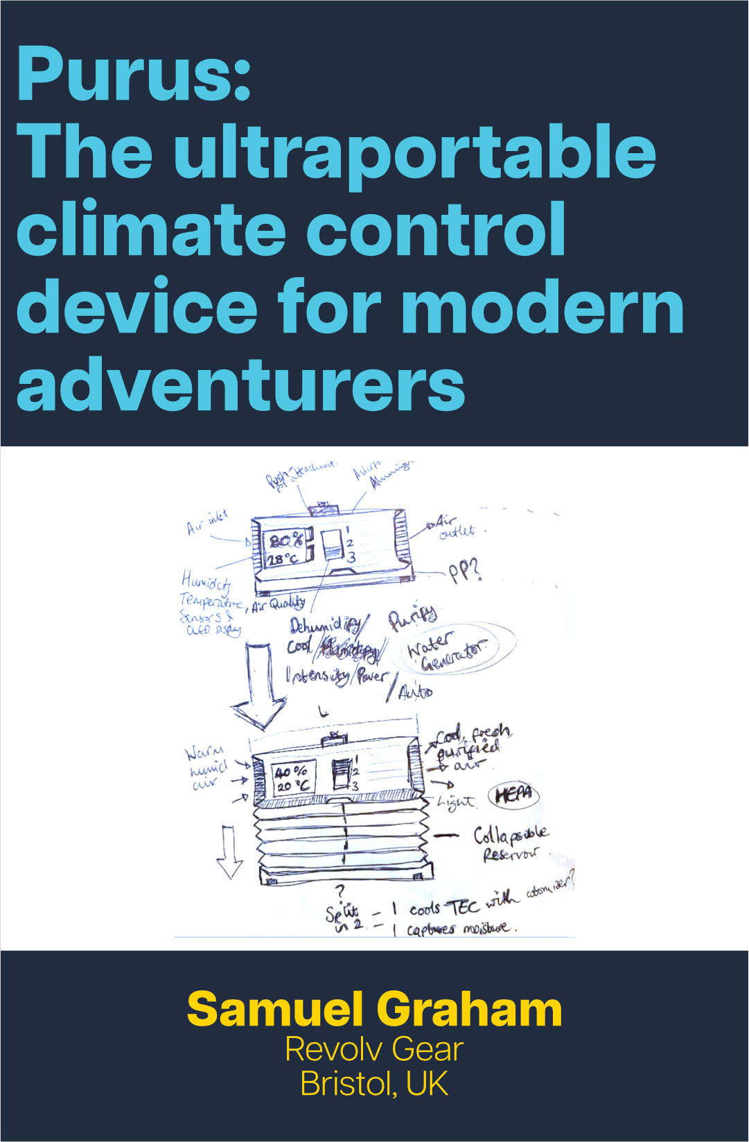 Text in blue reads 'Purus: The ultraportable climate control device for modern adventurers', with a device prototype photo below and text in yellow reading 'Samuel Graham, Revolv Gear, Bristol, UK' at the bottom.