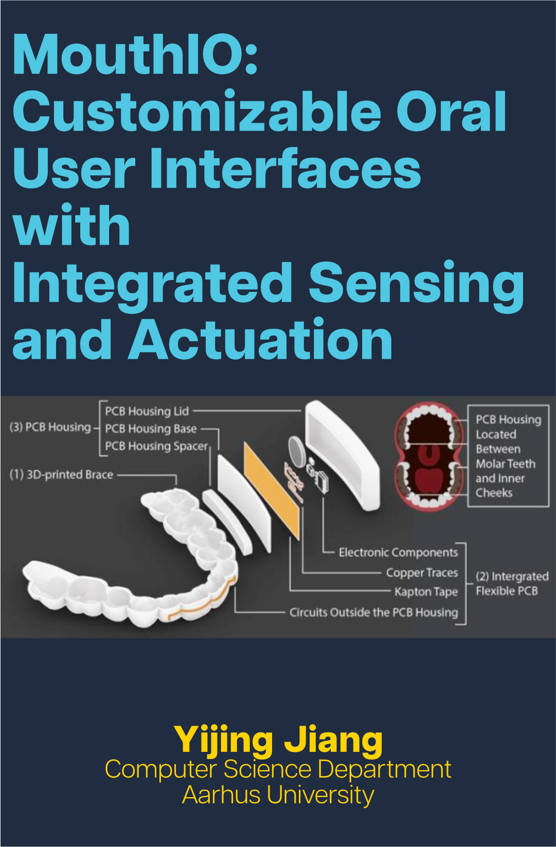 Text in blue reads 'MouthIO: Customizable Oral User Interfaces with Integrated Sensing and Actuation', with a device prototype photo below and text in yellow reading 'Yijing Jiang: Computer Science Department, Aarhus University' at the bottom.