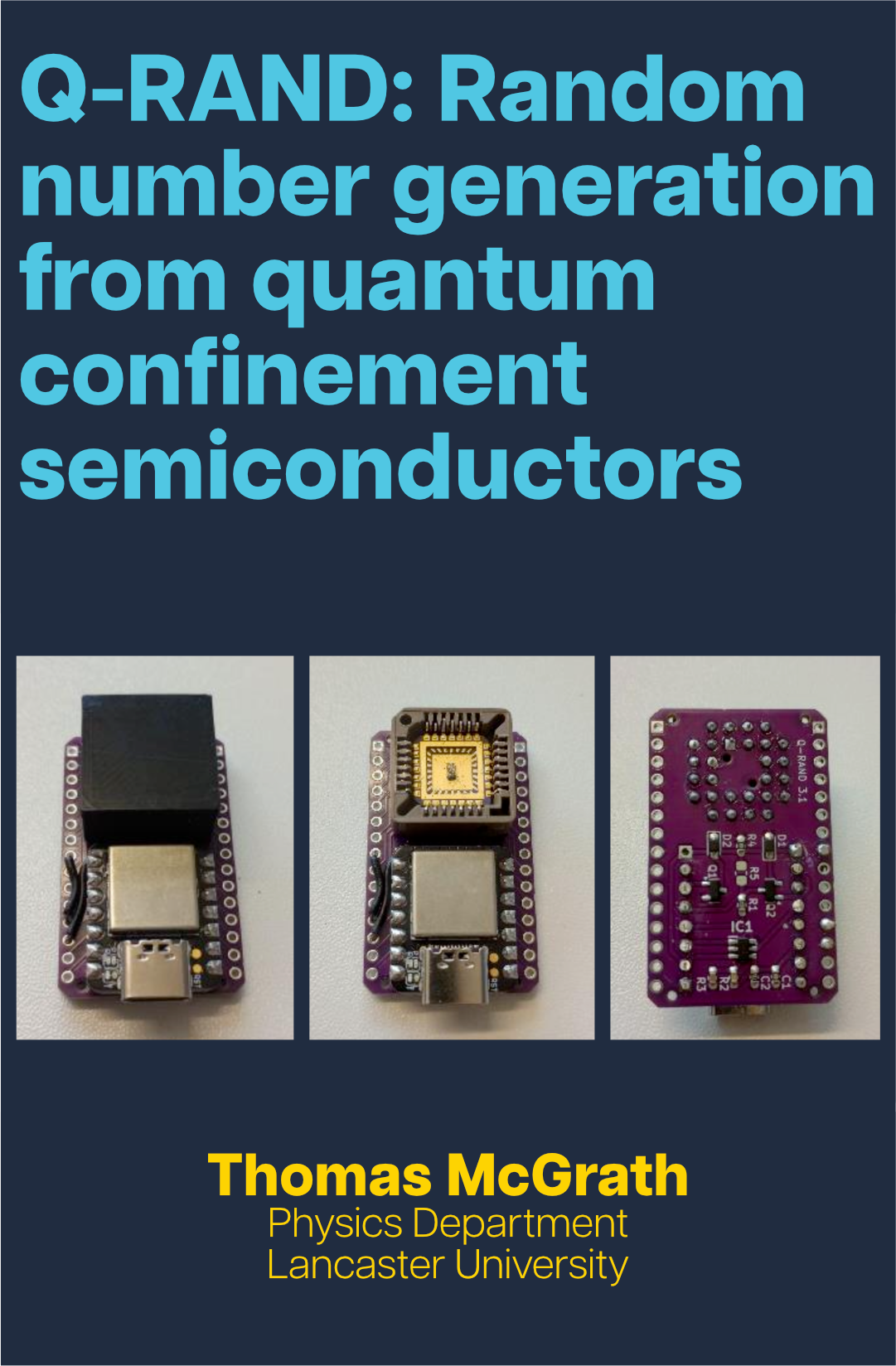 Text in blue reads 'Q-RAND: Random number generation from quantum confinement semiconductors', with a device prototype photo below and text in yellow reading 'Thomas McGrath, Physics Department, Lancaster University' at the bottom.