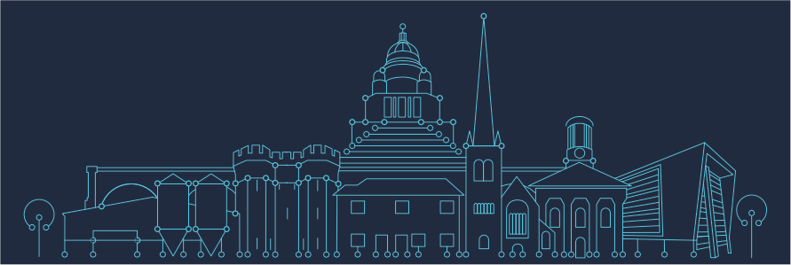 SS2024_Header A line drawing illustration of the Lancaster skyline in light blue against a navy background.