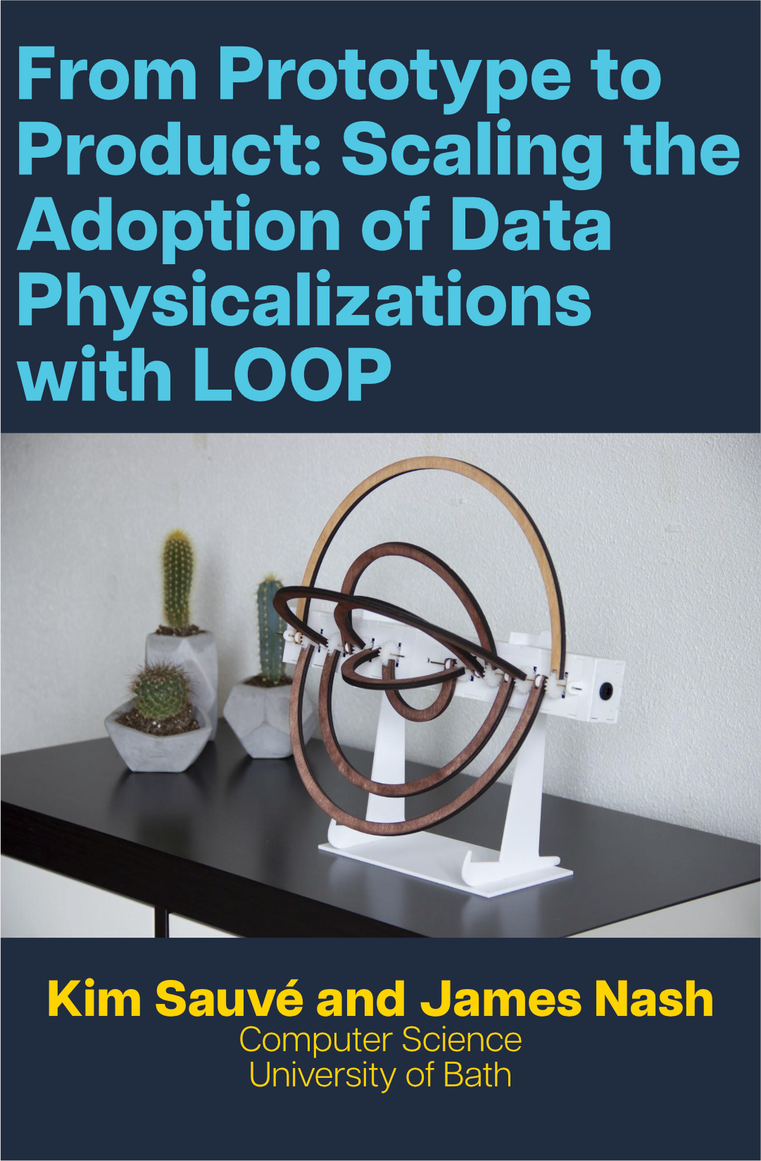 Text in blue reads 'From Prototype to Product: Scaling the Adoption of Data Physicalizations with LOOP', a device prototype photo below, and text in yellow reading 'Kim Sauve and James Nash, Computer Science, University of Bath' at the bottom.