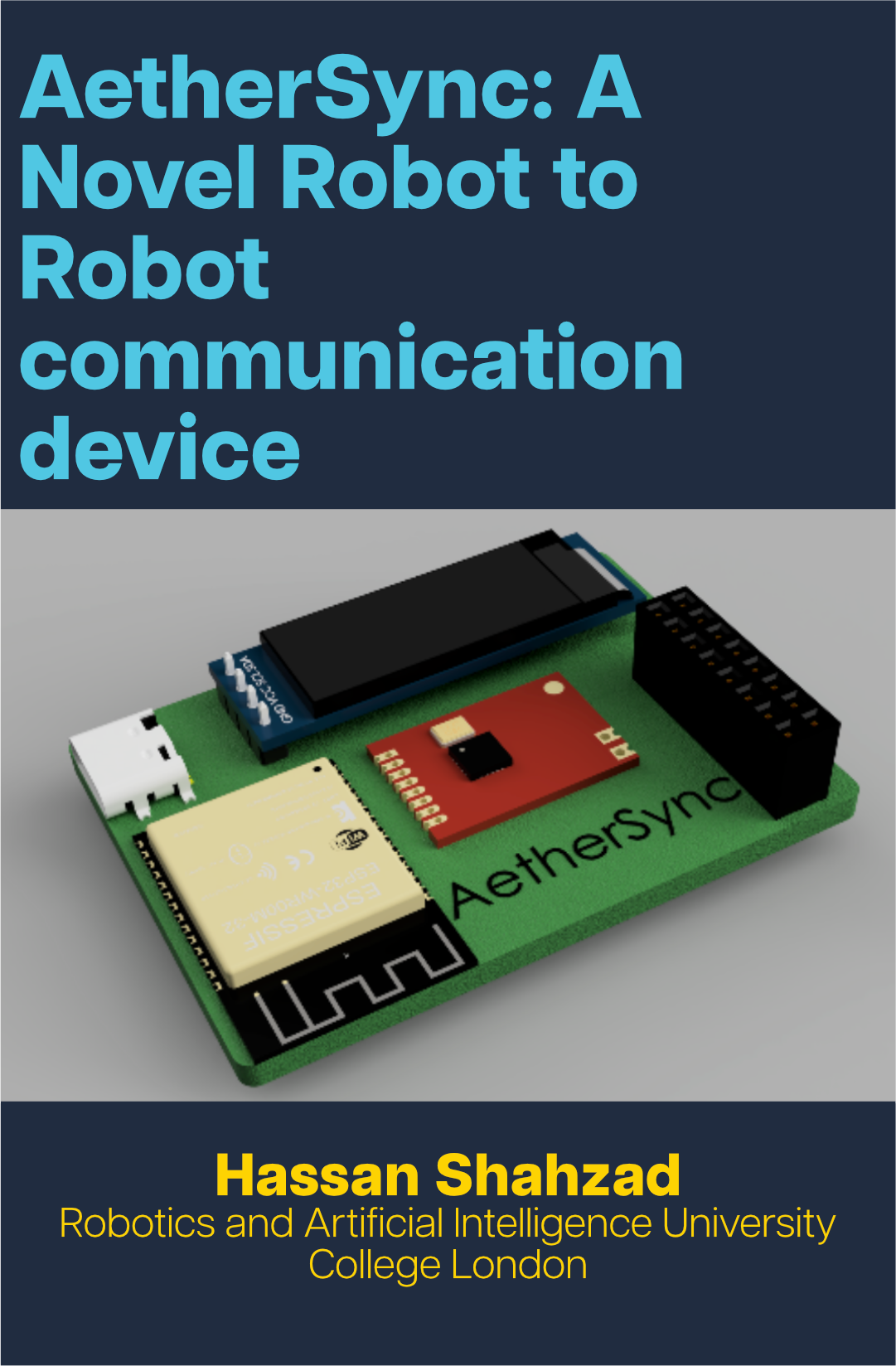 Text in blue reads 'AetherSync: A Novel Robot to Robot communication device' with a device prototype photo below and text in yellow reading 'Hassan Shahzad, Robotics and Artificial Intelligence University College London' at the bottom.