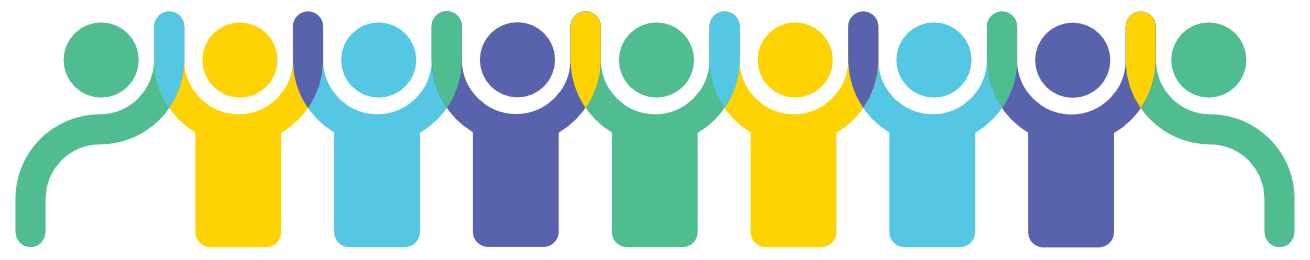 Funding_Residency_ website_header Abstract illustration of people holding raised hands above their heads in green, blue, yellow and purple.