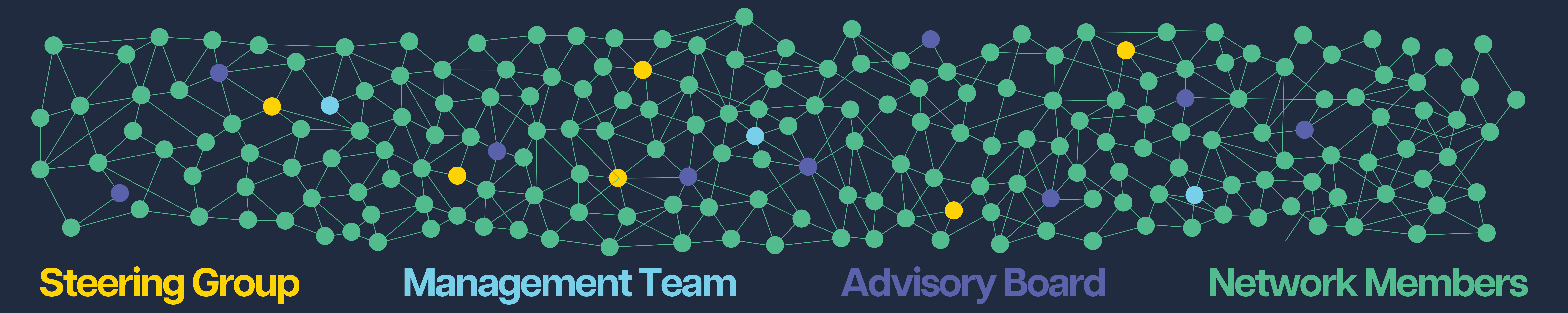 HowWeWork Graphic showing a map of interconnected dots in various colours, representing the groups named in text below it: Steering Group, Management Team, Advisory Board, and Network Members.