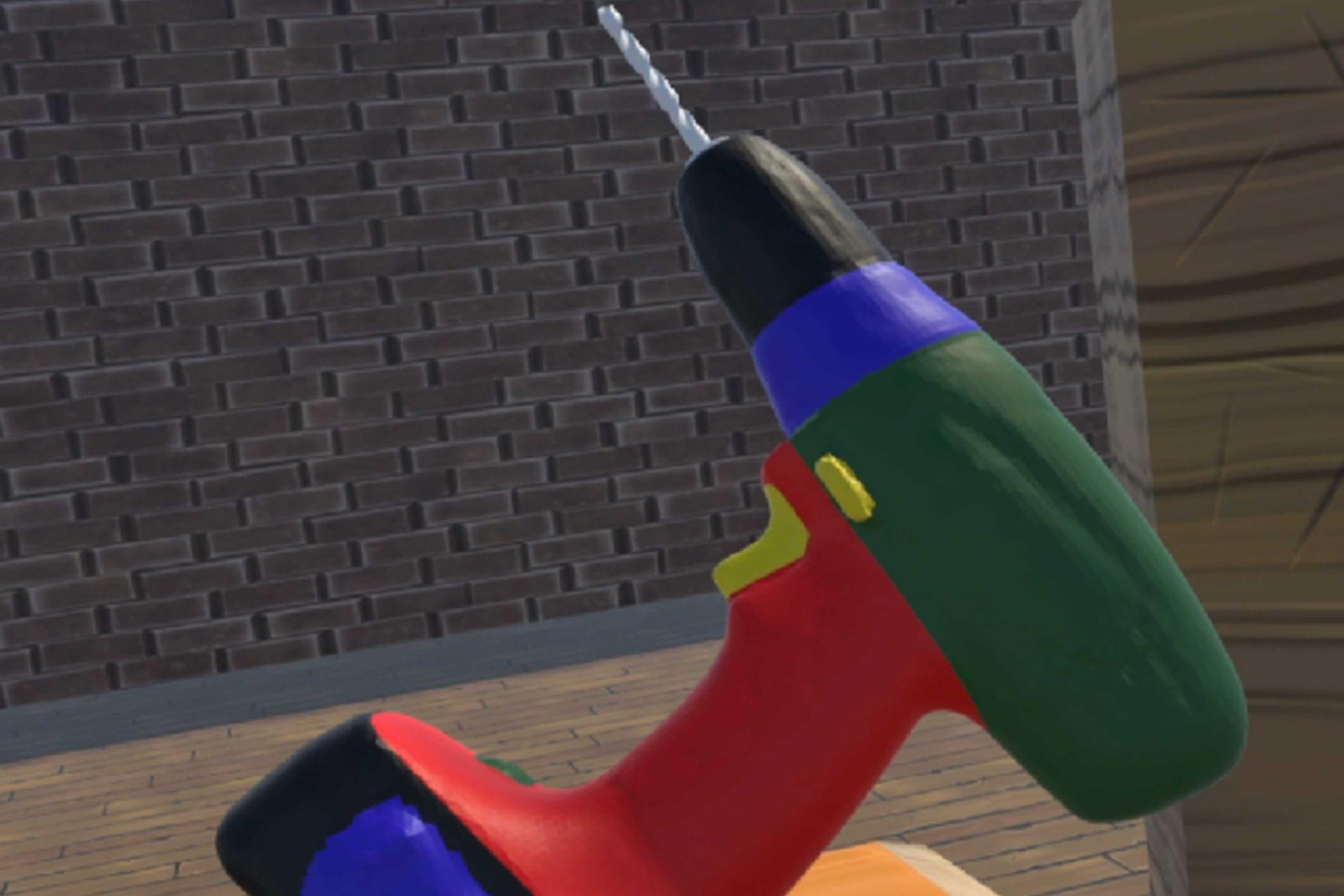 Multi-modal_03 A computer graphic image of a handheld drill in several primary colours, with a brick wall behind it.