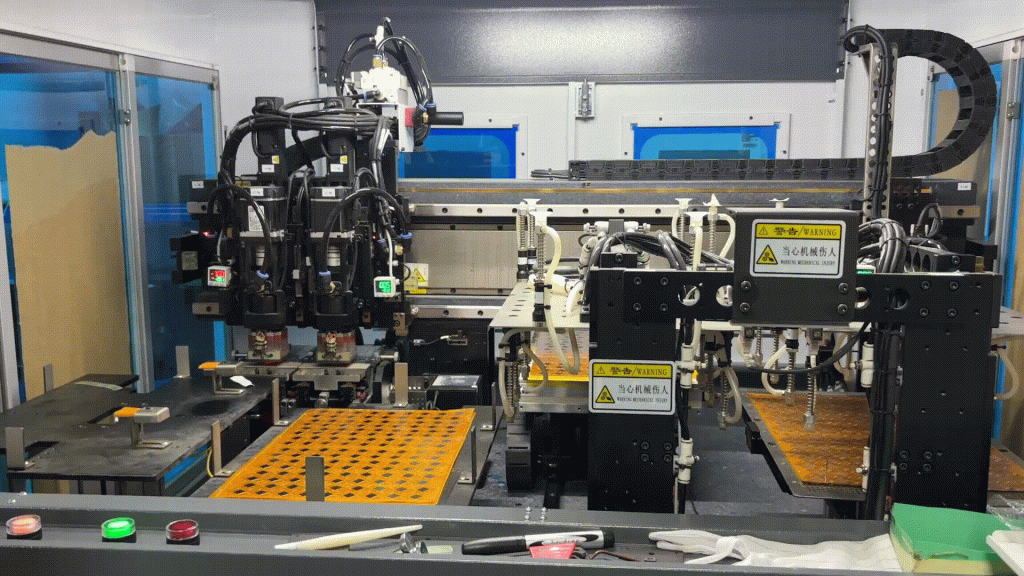 Large machines at work in a factory.
